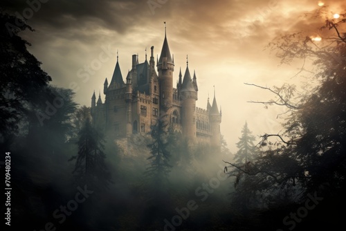 Mysterious fog enveloping a haunted castle. Halloween spooky background