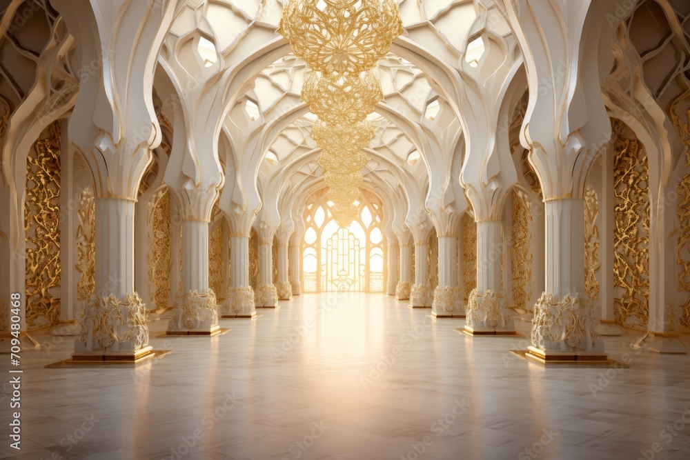 Ornate arches and intricate designs in gold and white for Mawlid