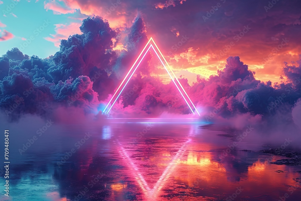 Neon colored rainbow triangle in the sky with clouds. Retro vaporwave vibes.