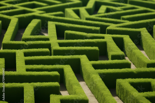 A green hedge maze is seen in the middle of a park, its serpentine layout evident.