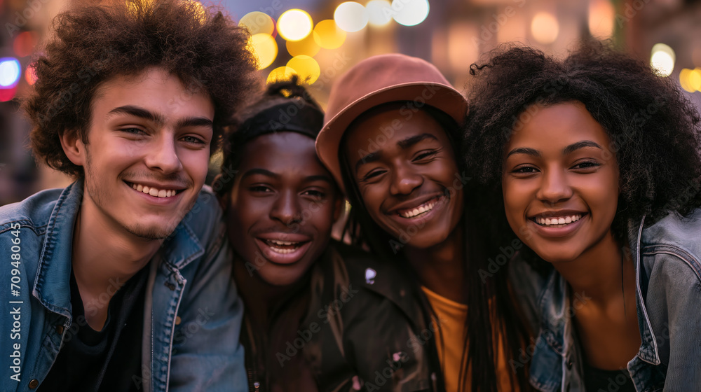 Gen Z multiracial diverse group of friends hanging out together and smiling at the lens