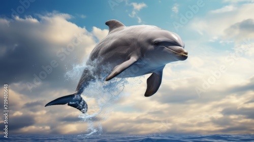 Dolphin leaping out of the water under a cloudy sky