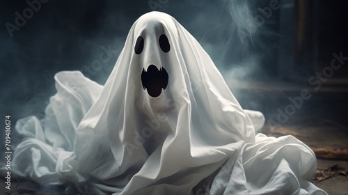 Playful portrait of a child dressed as a friendly ghost, with a sheet draped over and eyes peeking out, exuding innocence and whimsy on Halloween