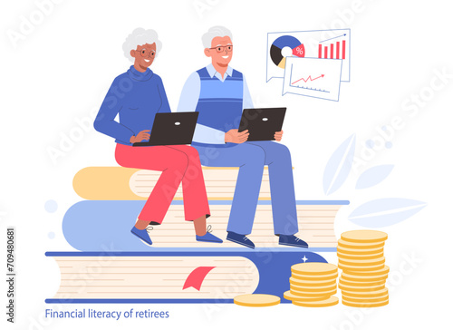 Older people education. Pensioners financial literacy. Finance education, savings management, money saving and pension income control.