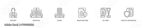 Patient registration icon set flow process which consists of registration, health insurance,  id card, clinic, hospital, patient icon live stroke and easy to edit  photo