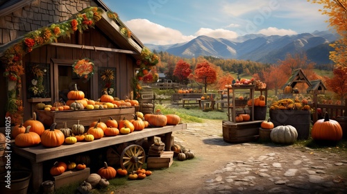 Scenic countryside landscape with a rustic farm stand selling pumpkins and other seasonal produce, embodying the charm of rural autumn