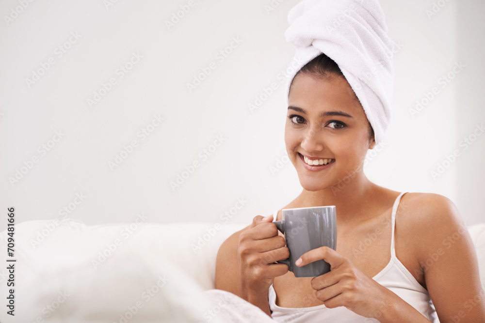 Woman, coffee and portrait in a home with mockup space in the morning from hot drink and smile. Lounge, happy and relax Indian female person with espresso or tea in a house ready to start the day Woman, coffee and portrait in a home with mockup space in the morning from hot drink and smile. Lounge, happy and relax Indian female person with espresso or tea in a house ready to start the day