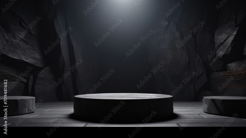 Black, dark and gray geometric Stone and Rock shape background, minimalist mockup for podium display showcase - obrazy, fototapety, plakaty 