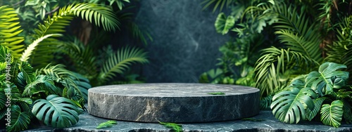 Obraz Podium beauty minimal display stage stand summer fashion abstract luxury plant. Minimal podium background texture green beauty shadow banner mockup wall stone leaf showcase cosmetic wallpaper sale art