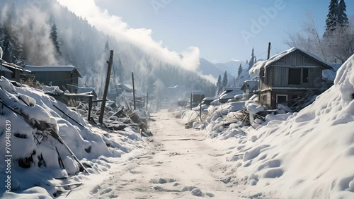 Roads become impassable and buildings disappear under the relentless snowfall, as the mountain village is plunged into a state of emergency. photo