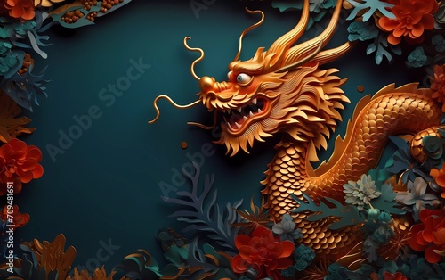 Golden zodiac sign card flowers dragon  lantern and clouds on red background  Chinese New Year concept. generative ai