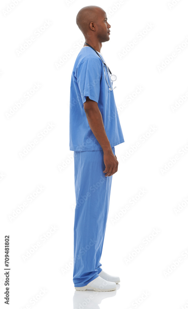 Profile, man and doctor with uniform, healthcare and career isolated on a white studio background. African person, model and surgeon with professional, medical and nurse with confidence and employee