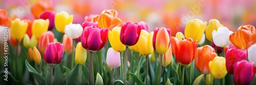Tulips colorful multicolored yellow  white  red  purple  pink bloom flower field in Spring