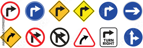 Road sign right turn icon collection. Right turn symbol sign. Traffic signs icon. Turn right and don't turn right isolated on white background.