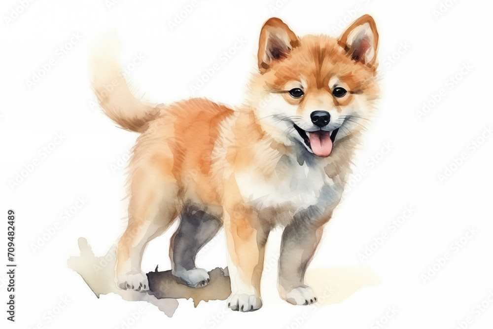 Cute little Shiba Inu dog with a wide open mouthed smile and bright. Watercolor