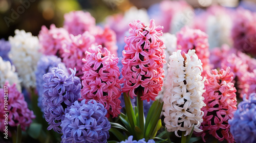 large flower bed with multi colored hyacinths traditional