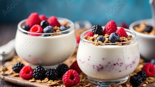 yogurt with berries  Healthy breakfast. Yogurt with granola and berries