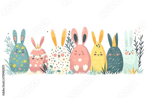 Minimalism and abstract cartoon vector very cute kawaii easter clipart, organic forms, desaturated light and airy pastel color palette, nursery art, white background. photo