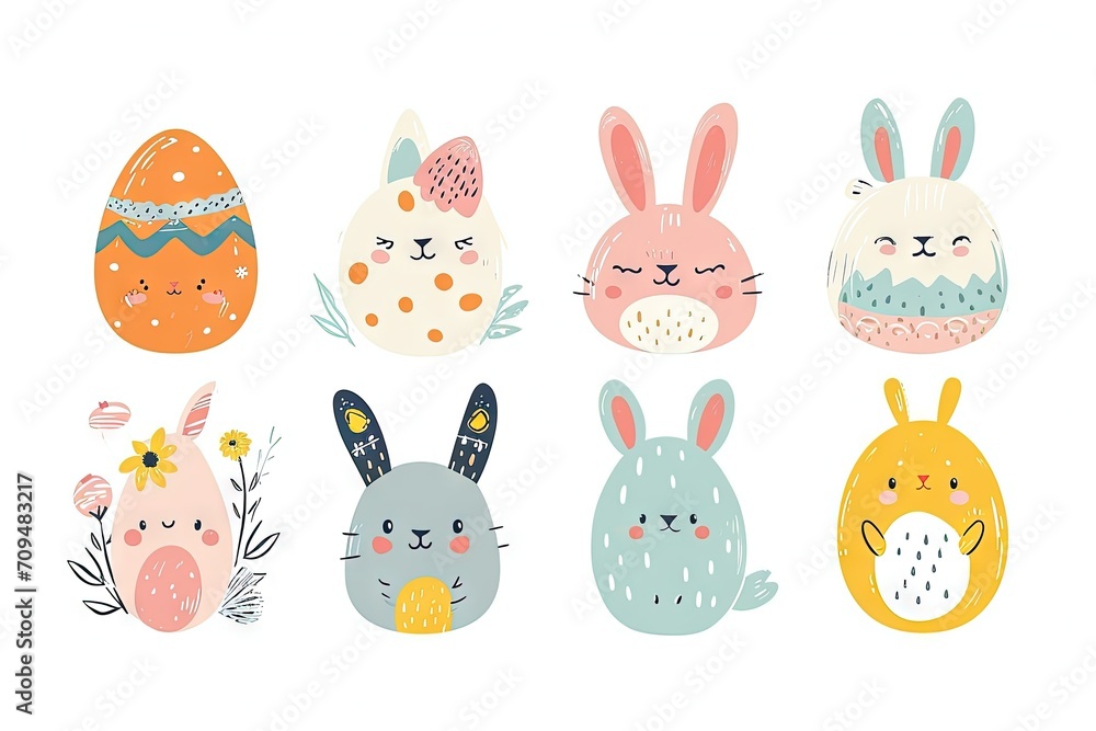 Minimalism and abstract cartoon vector very cute kawaii easter clipart, organic forms, desaturated light and airy pastel color palette, nursery art, white background.
