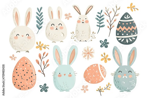 Minimalism and abstract cartoon vector very cute kawaii easter clipart, organic forms, desaturated light and airy pastel color palette, nursery art, white background.