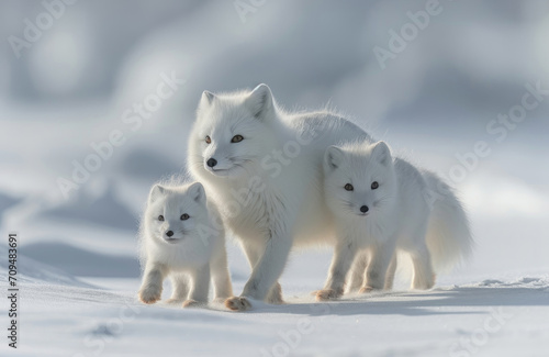 An endearing scene captures an Arctic fox family engaged in playful activities in the snow
