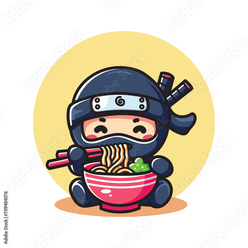 cute vector design illustration of ninja eating ramen