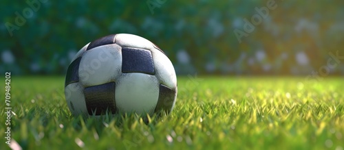 Soccer ball on field grass at stadium closeup.Classic soccer ball with black and white hexagon pattern, placed on the green grass in the middle of a turf stadium. © muza