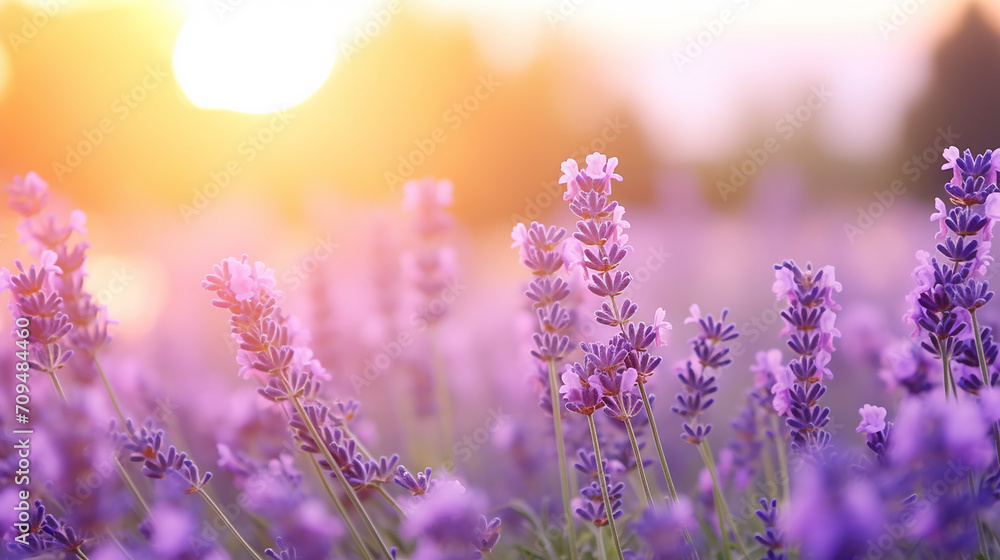 Naklejka premium beautiful soft focus on beautiful purple lavender field blur natural flower background with sunlight