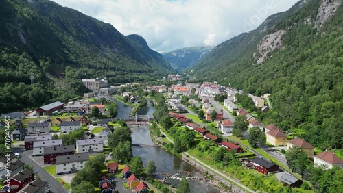 Wallpaper Mural Rjukan Village and Power Station in Hjartdal Valley, Vestfold og Telemark, Norway - Aerial 4k Pedestal Torontodigital.ca