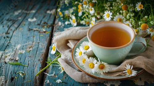 Chamomile herbal tea with flower buds nearby on wooden table with textile and chamomile bouquet, closeup, copy space, healthy herbal drinks and natural healer concept.