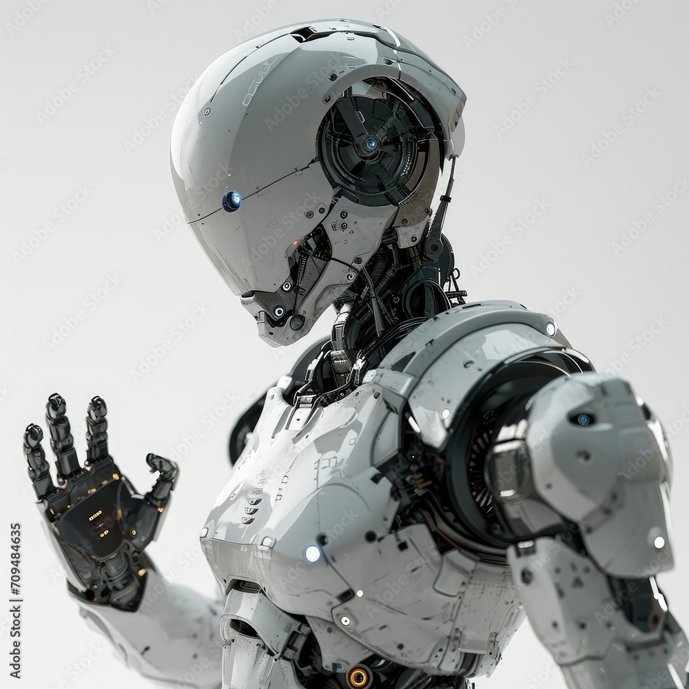 Potrait of humanoid advanced robot standing on the white futuristic background. Artificial intelligence technology concept. Potrait of humanoid advanced robot standing on the white futuristic background. Artificial intelligence technology concept.
