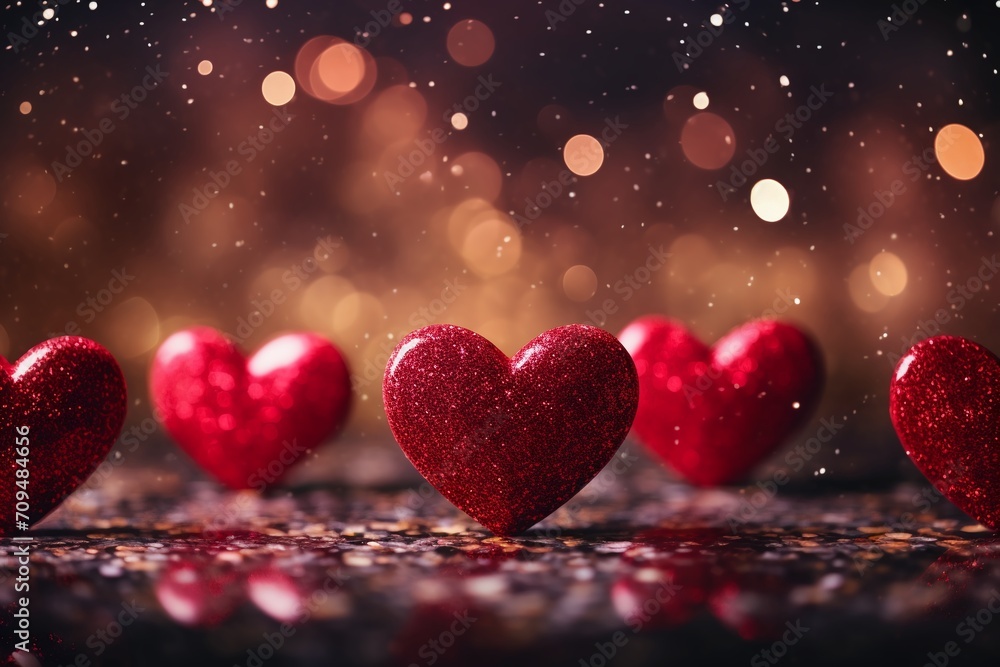 Valentines day abstract background with red hearts blurry lights in 3D rendering. Valentines day abstract background with red hearts blurry lights in 3D rendering.