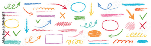Chalk scribble arrow, line brush set. Crayon arrow, underline, handwritten mark check elements. Vector hand drawn scribble crayon, marker color brush texture. Rough chalk vector illustration