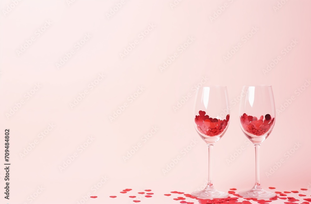 Two wine glasses with red hearts on pink background. Valentines day concept. Two wine glasses with red hearts on pink background. Valentines day concept.