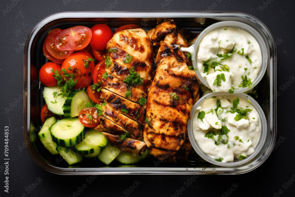 Greek style grilled chicken breasts with tzatziki and freshly diced vegetables prepared and ready to eat in a take away lunch boxes, view from above, space for a text Greek style grilled chicken breasts with tzatziki and freshly diced vegetables prepared and ready to eat in a take away lunch boxes, view from above, space for a text