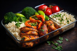 Grilled chicken meal prep with cooked rice and vegetables
