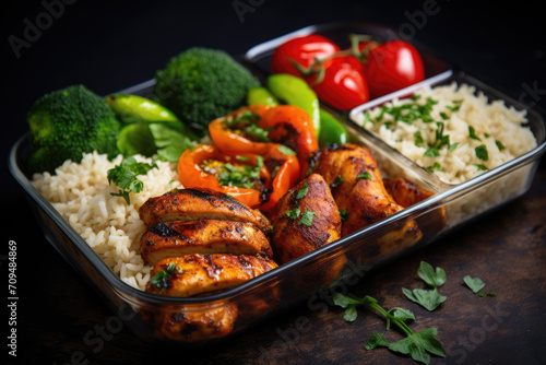 Grilled chicken meal prep with cooked rice and vegetables