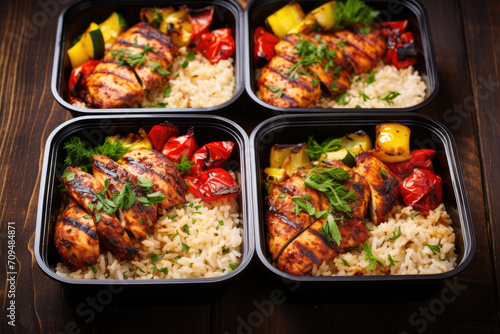 Grilled chicken meal prep with cooked rice and vegetables © ebhanu