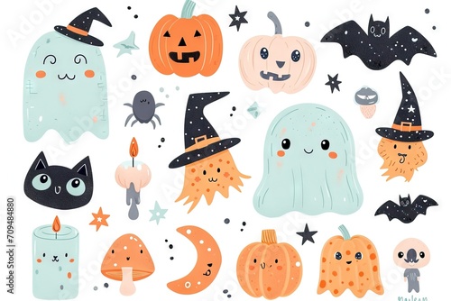 Minimalism and abstract cartoon vector very cute kawaii halloween clipart, organic forms, desaturated light and airy pastel color palette, nursery art, white background.