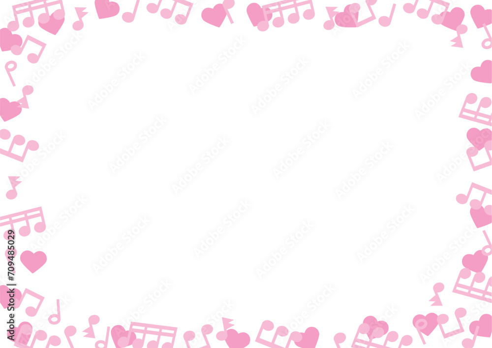 かわいいハートと音符のバレンタインのフレーム（ピンク）A3サイズ横