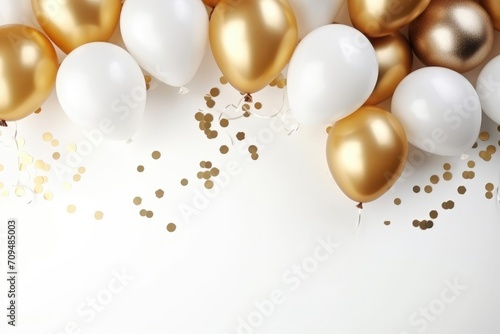 Golden and white balloon collection isolated on the white copyspace background. Helium balloon template for party and celebration.
