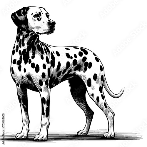 Full-length portrait of a standing Dalmatian. Vector illustration isolated on white. Engraving vintage style illustration for print, tattoo, t-shirt, coloring book