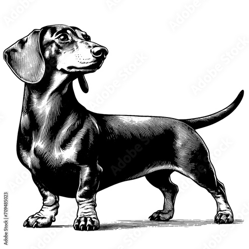 Full-length portrait of a standing black Dachshund. Vector illustration isolated on white. Engraving vintage style illustration for print, tattoo, t-shirt, coloring book