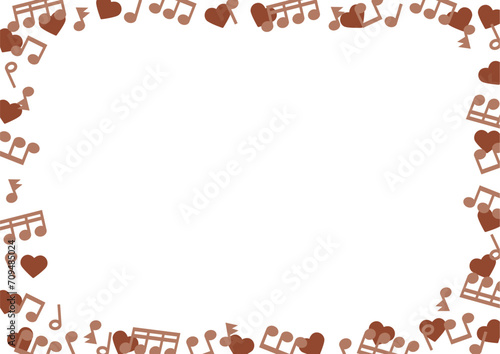 かわいいハートと音符のバレンタインのフレーム（茶色）A3サイズ横