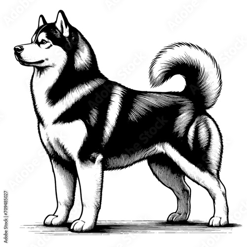 Full-length portrait of a standing Siberian Husky. Vector illustration isolated on white. Engraving vintage style illustration for print, tattoo, t-shirt, coloring book