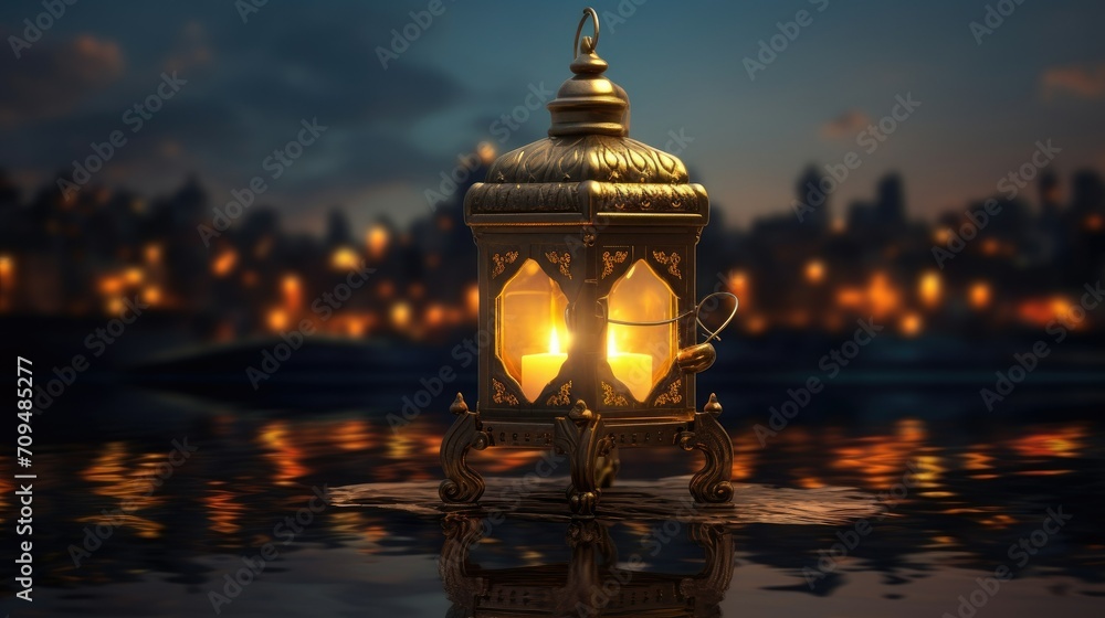 Arabic style lantern with burning candle inside in light bokeh building background. Ramadan Kareem concept background Arabic style lantern with burning candle inside in light bokeh building background. Ramadan Kareem concept background