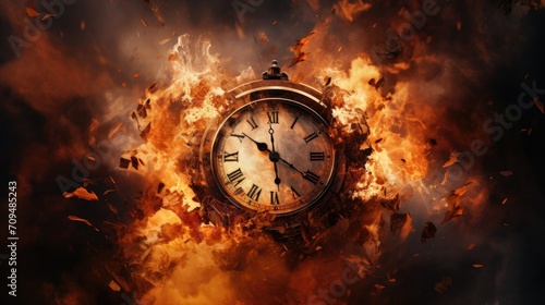 Burning alarm clock on fire representation of time's running out fast concept. Time is money concept.