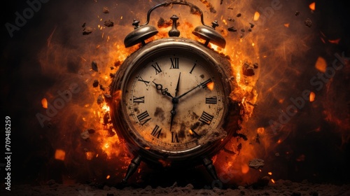 Burning alarm clock on fire representation of time's running out fast concept. Time is money concept.