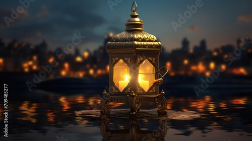 Arabic style lantern with burning candle inside in light bokeh building background. Ramadan Kareem concept background