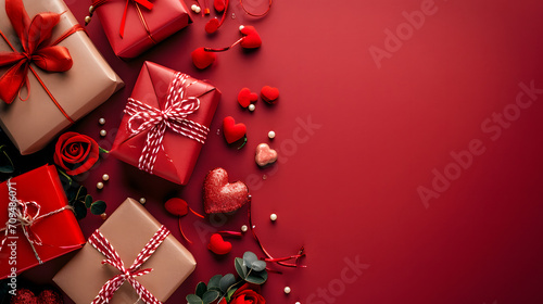 Happy Valentine's day background. Pink and red minimalist valentine background with hearts, gifts, flowers, chocolatte,  empty space for copy, ribbons, and heart-shaped ornaments. photo